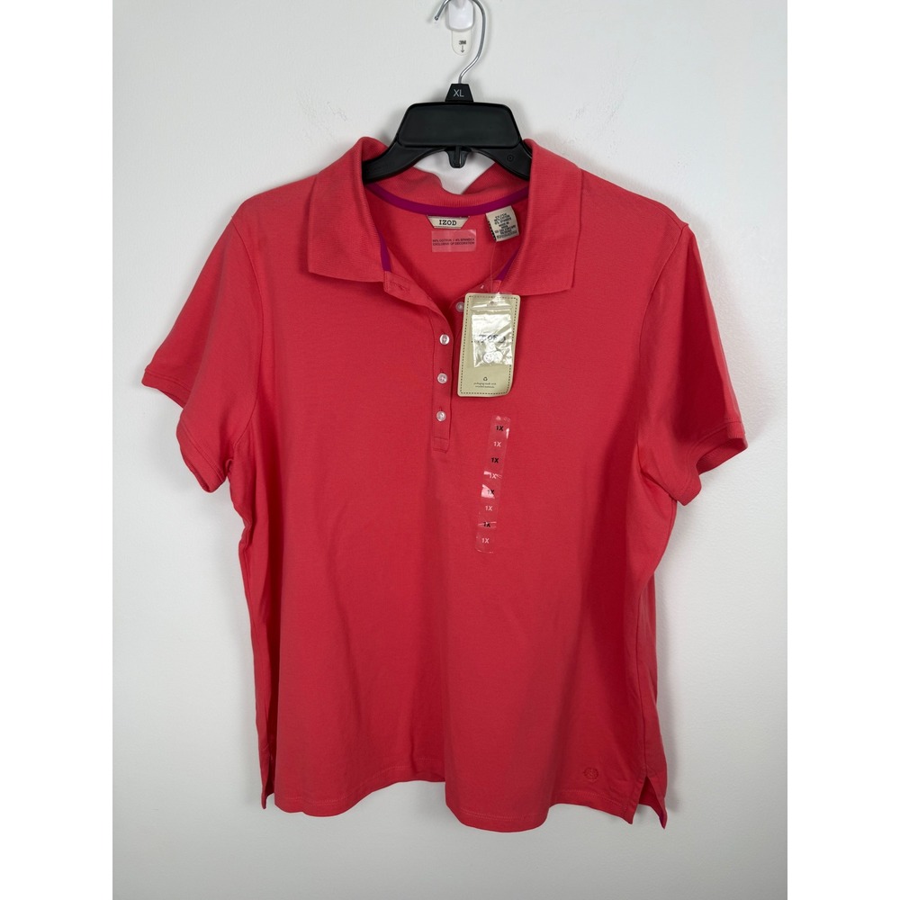 NWT IZOD Women's Plus Size 1X Polo Shirt Short Sleeve Coral Pink Pique